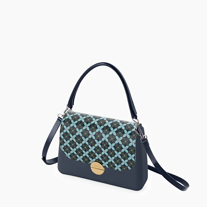 O bag glam navy blue with geometric flowers flap